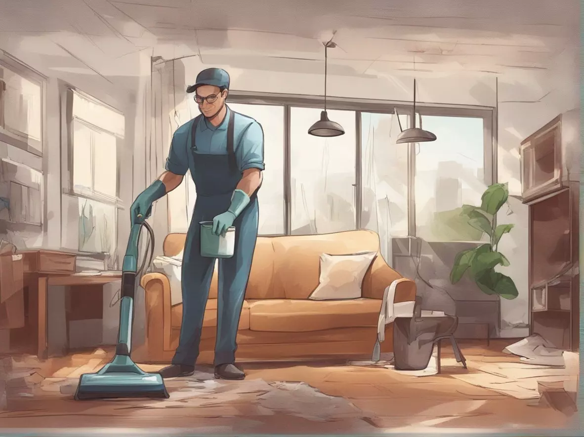 Химчистка, мужчина чистит ковер и мебель дома, нарисованный арт